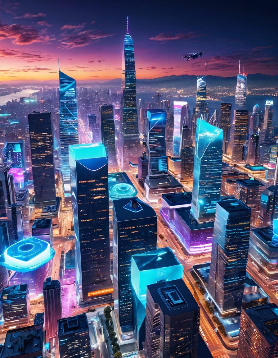 A futuristic digital landscape showcasing cutting-edge technology trends, featuring holographic displays of innovative gadgets, vibrant AI interfaces, and a diverse group of people engaging with tech; a backdrop of a modern city skyline with flying drones and neon lights. super-realistic. vibrant colors. 3D.