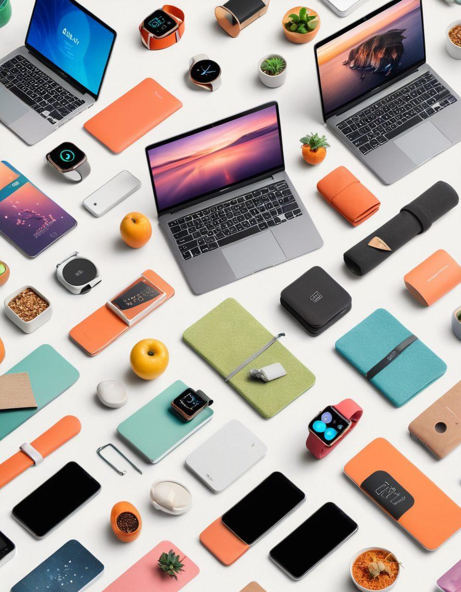 A dynamic collage showcasing various tech devices like smartwatches, smartphones, and laptops interspersed with lifestyle elements like yoga mats, healthy foods, and books. The background features a gradient of soothing yet vibrant colors to represent a modern and motivated lifestyle. Overlay inspirational quotes in elegant fonts. super-realistic. vibrant colors. white background.