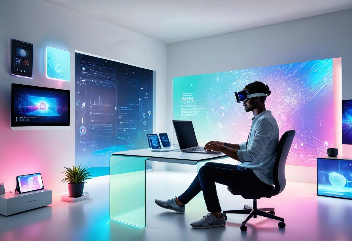 A futuristic workspace showcasing essential gadgets and innovations, featuring a sleek laptop, smart home devices, and virtual reality gear. A person interacting with a holographic interface, surrounded by vibrant digital elements and high-tech decor. The setting is bright and inviting, with a blend of modern aesthetics and practicality. super-realistic. vibrant colors. white background.